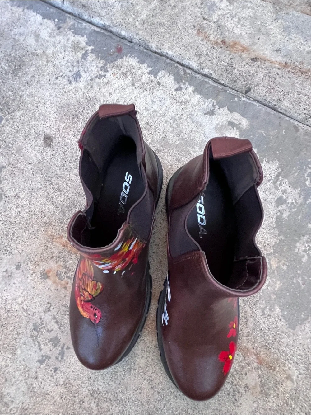 Soda Brown Ankle Boots with Hand-Painted Floral & Bird Art
